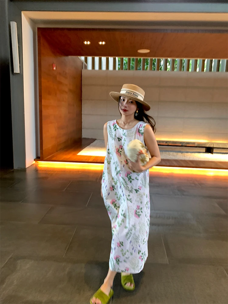 

Весеннее платье с цветочным принтом, без рукавов, с открытыми плечами, для девочек, в стиле casual, свободного кроя, А-силуэт