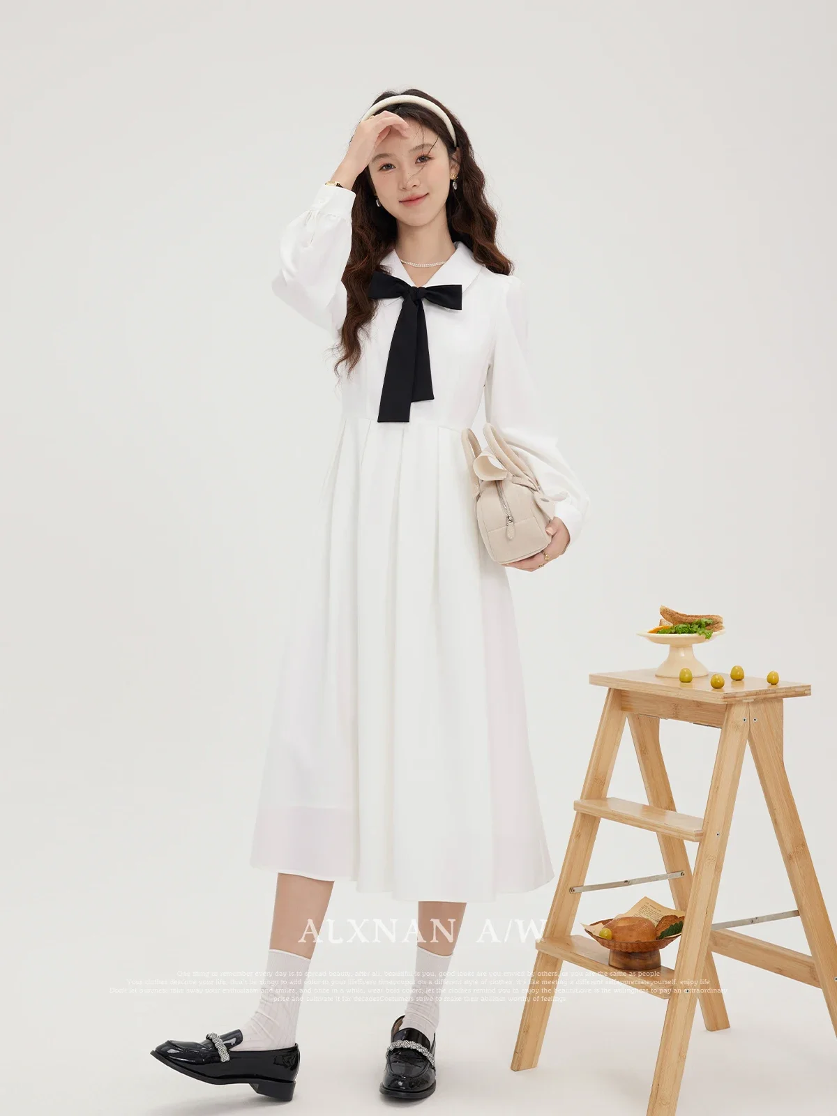 

ALXNAN Women's Apricot Elegant Polo Collar Midi Dress Autumn Casual Long Sleeve A-line Dresses 2024 New Female Clothing LXN31616