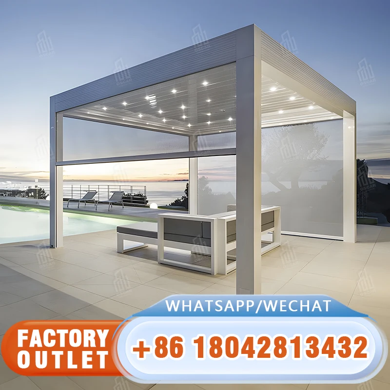 OEM Custom Modern Bioclimatic Aluminum Shutters Luxury Powder Coated Retractable Terrace PVC Gazebo LED Garden Pergola Roof