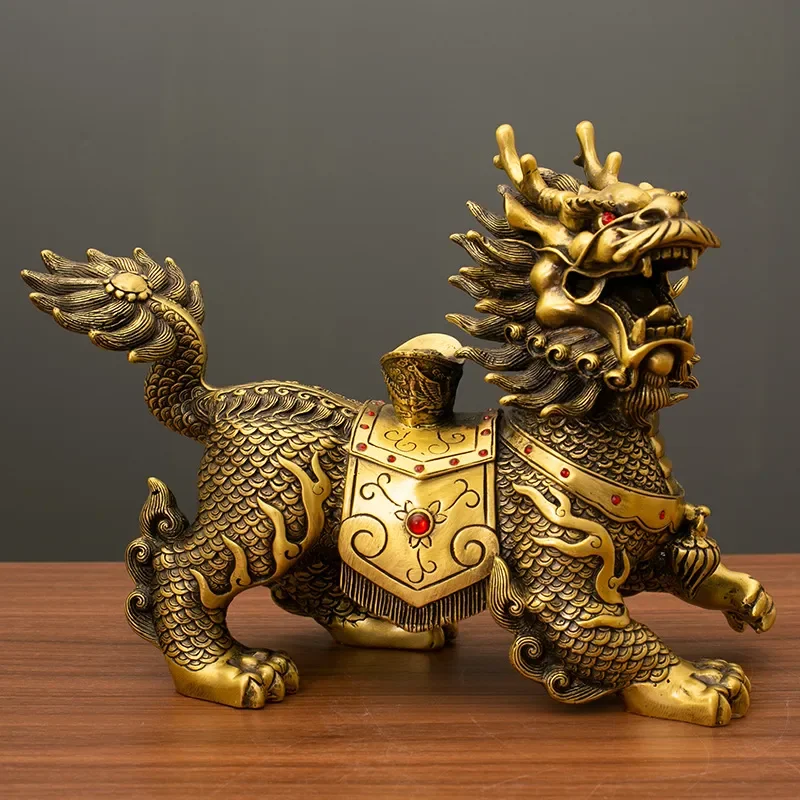 Handmade Brass Kirin Statue Feng Shui Wealth Ornament for Home Office Desk Decor Traditional Chinese Craft Gift Lucky Animal