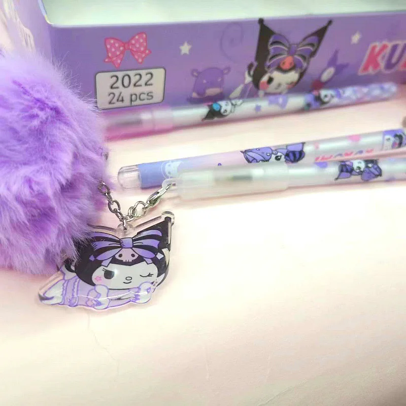 Sanrio Kuromi Gel Pen 12/24pcs New Cartoon Cute Hairball Pender Stress Relief Pinkler Signature Pen Learning Stationery Supplies