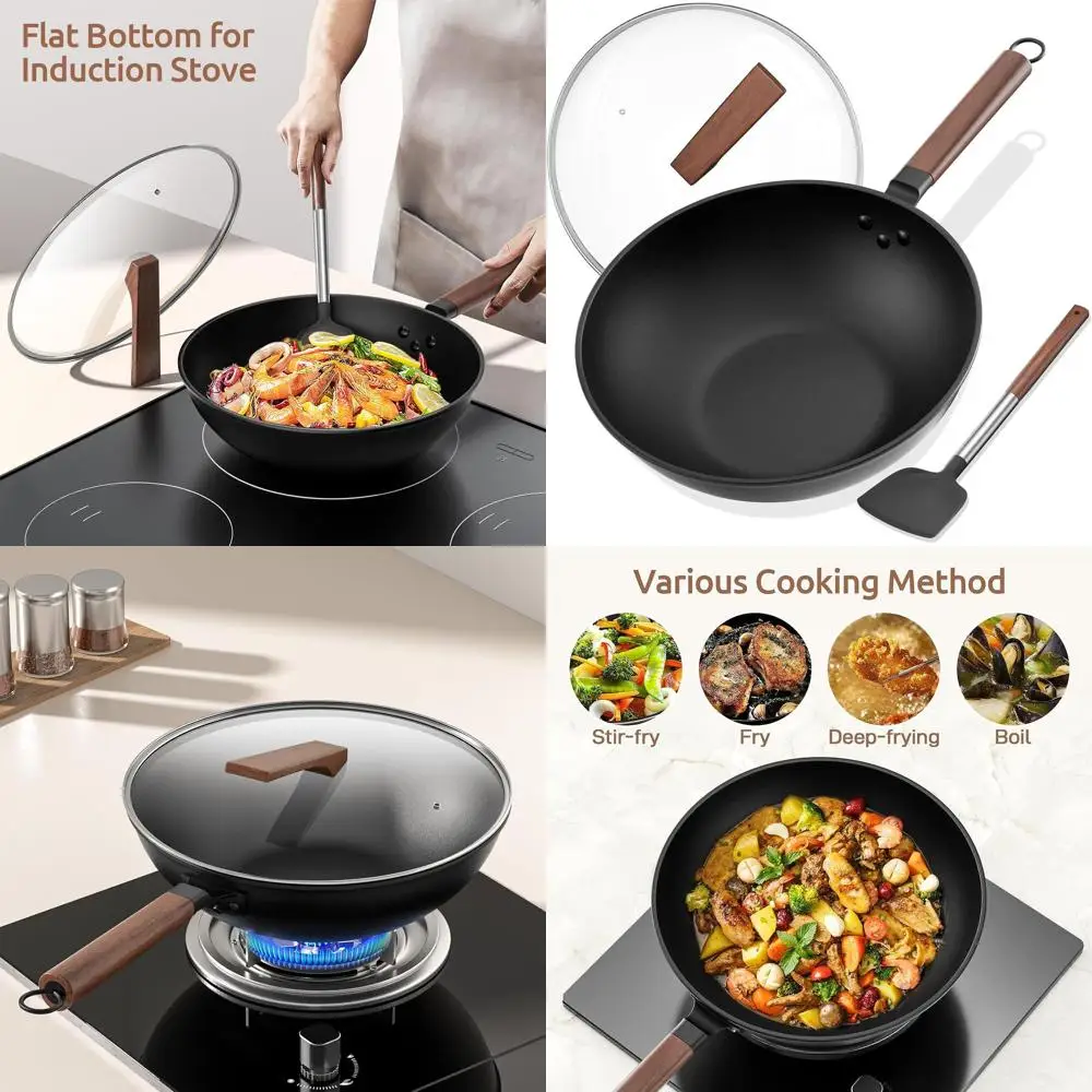 

13-дюймовый вок из углеродистой стали со стеклянной крышкой и силиконовой лопаткой, совместимый с индукционными, электрическими и газовыми варочными панелями.