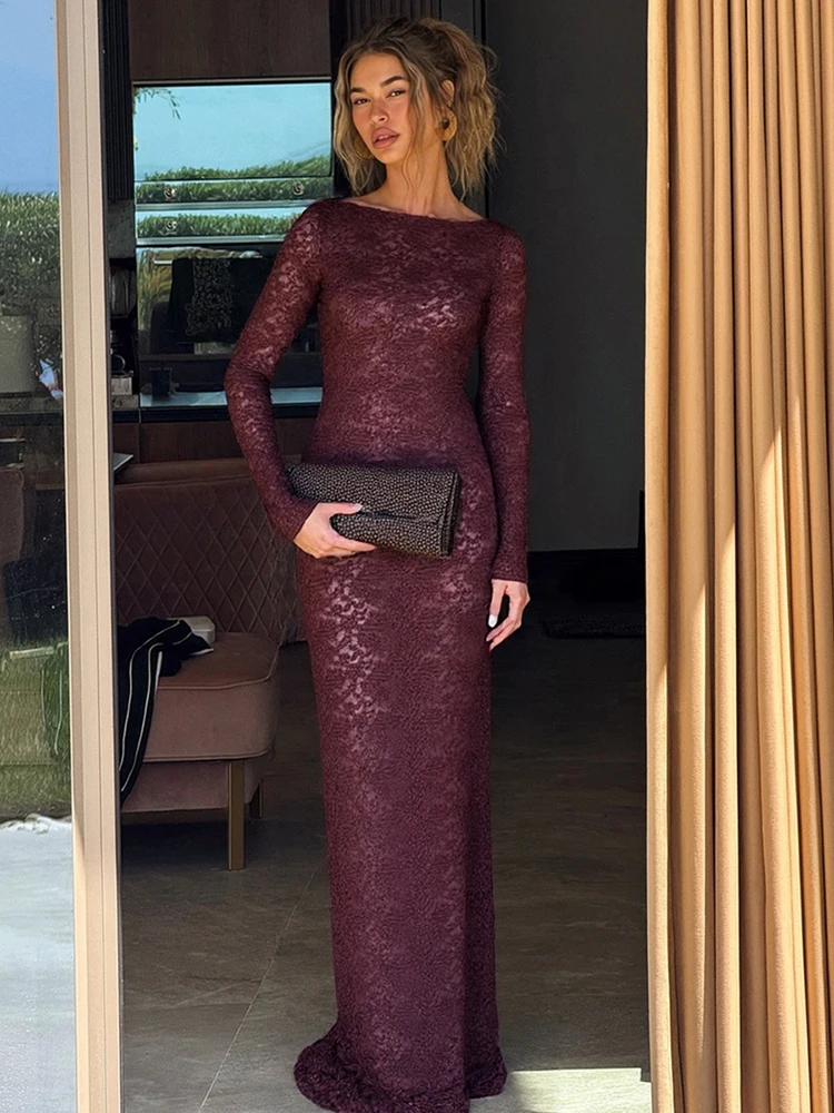 kliou High Street Women Maxi Dresses Elegant Lace Embroidered Sheer Full Sleeve Sheath Long Robe Mujer Festival Banquet Vestidos