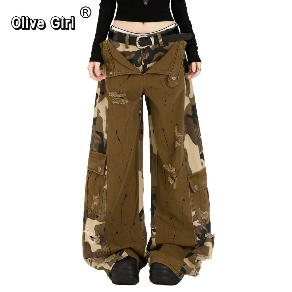 Olivegirl Women's Jeans Denim Vibe Fake Two-piece Spliced Camouflage Pants Women's Trousers Plus Size Sweet Cool Girl Wide Leg