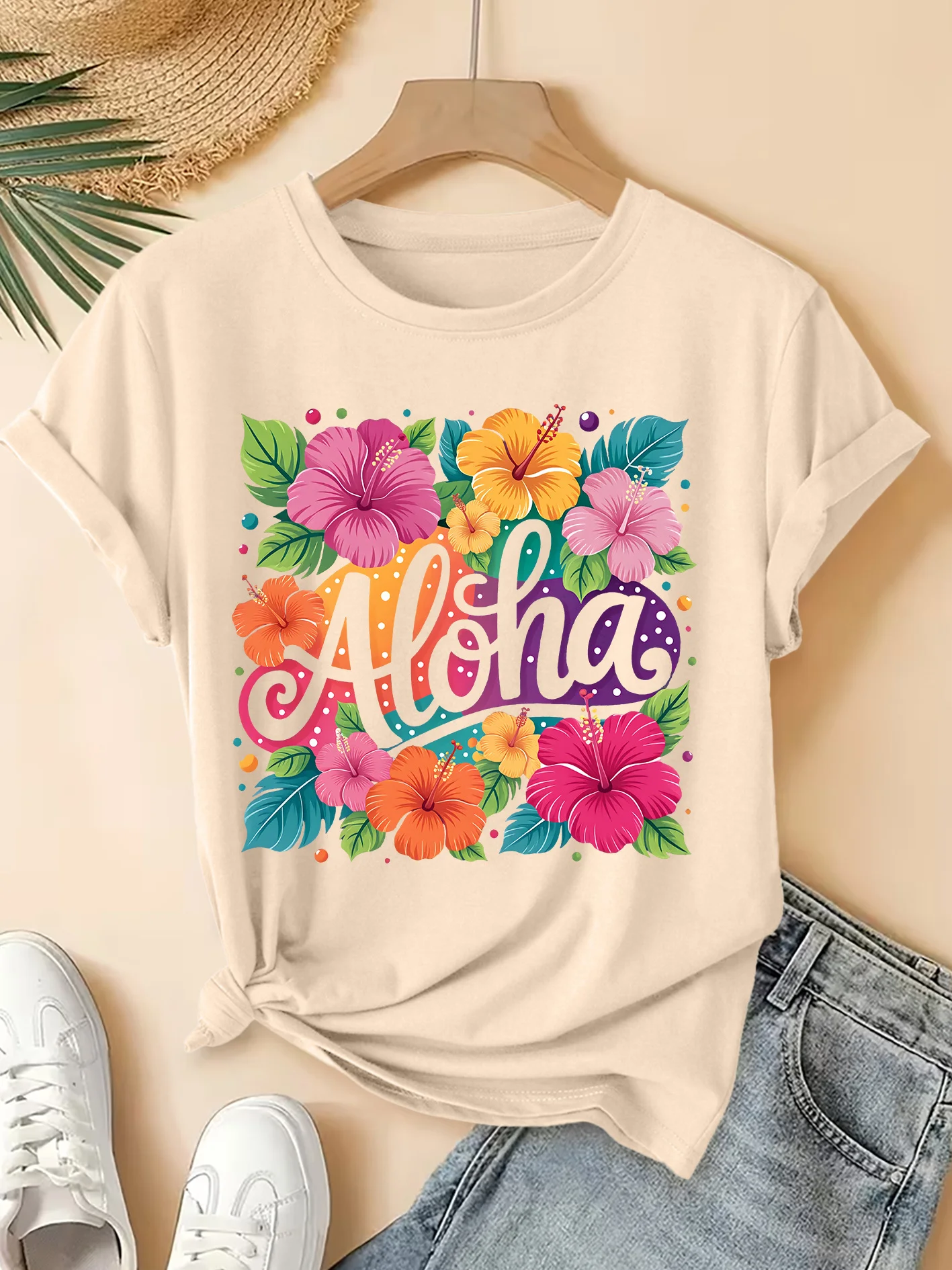Camiseta de manga corta con cuello redondo y estampado colorido de flor de hibisco tropical Aloha, camiseta Y2k a la moda para mujer, camisetas gráficas para mujer