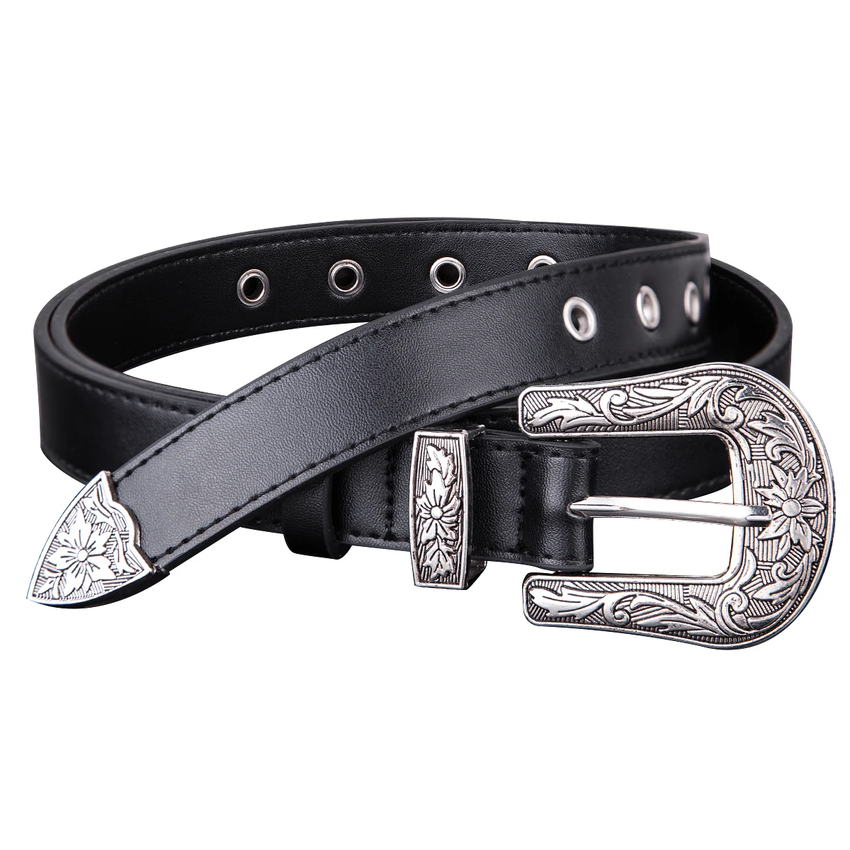 

Black PU Leather Vintage Western Belt for Women, Adjustable Carved Silver Metal Buckle Waist Belt for Jeans Pants Dresses