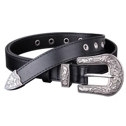 Black PU Leather Vintage Western Belt for Women, Adjustable Carved Silver Metal Buckle Waist Belt for Jeans Pants Dresses