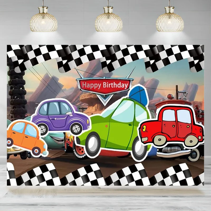 Cars Backdrop Cartoon Cars Birthday Party Photographic Black White Grid Red Photo Backgrounds Baby Shower Decorations Banner