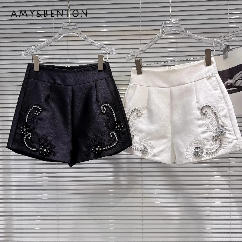 

French Heavy Industry Rhinestone Bead Embroidery Women's Clothing 2026 New Temperament Satin High Waist Versatile Shorts Ladies