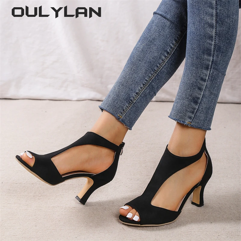 NEW Fashion Back Zipper Shoes Women\'s High Heels Fish Mouth Shoes Ladies Summer Large Size Side Hollow Thin Heels Roman Sandals