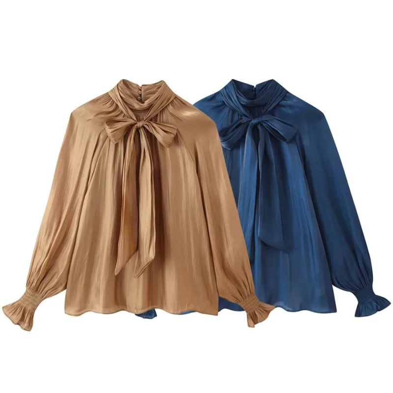 Women's Blouses Autumn New High Neck Bow Decoration Long Sleeve Shirt Fashion Casual Female Loose Commute Tops
