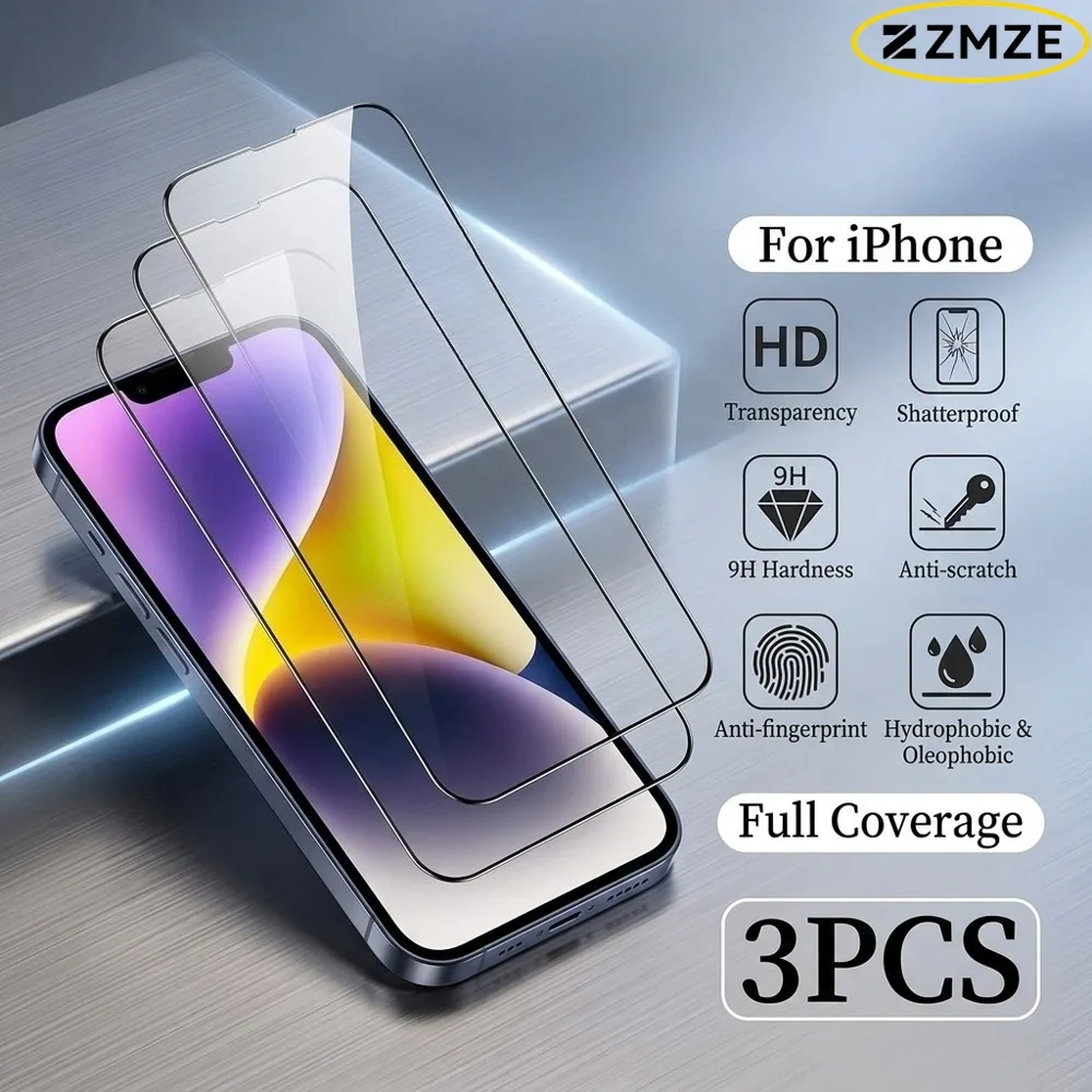 3Pcs Ultra Clear Tempered Glass for iPhone 17/16/15/Pro Max/17e/16e/Air/Screen Protector for iPhone 14/13/12/11/Pro/15/14/Plus