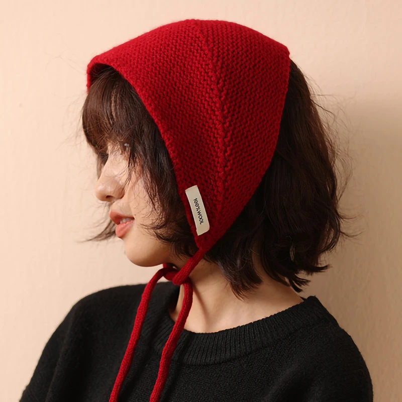 Women's Sweet Lolita Wool Beanie Hat with Earflaps Retro Lace-Up Headband Hats Winter Autumn Warm Ear Protection HeadSCARF