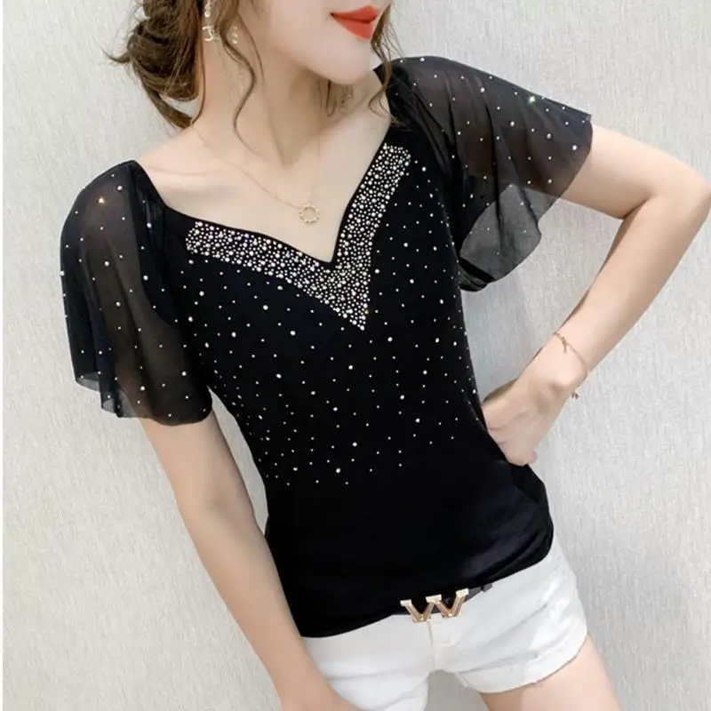 

New Summer Fashion Popular Women Diamond T-shirt Short Sleeve Mesh Splicing V-neck Top