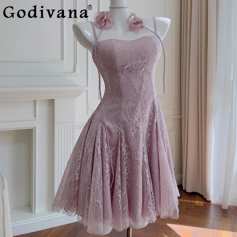 

Summer Purple Lace Birthday Dress Women Halter Neck Short Slim Fit Elegant Vacation Dress Female Lolita Style Flower Dress
