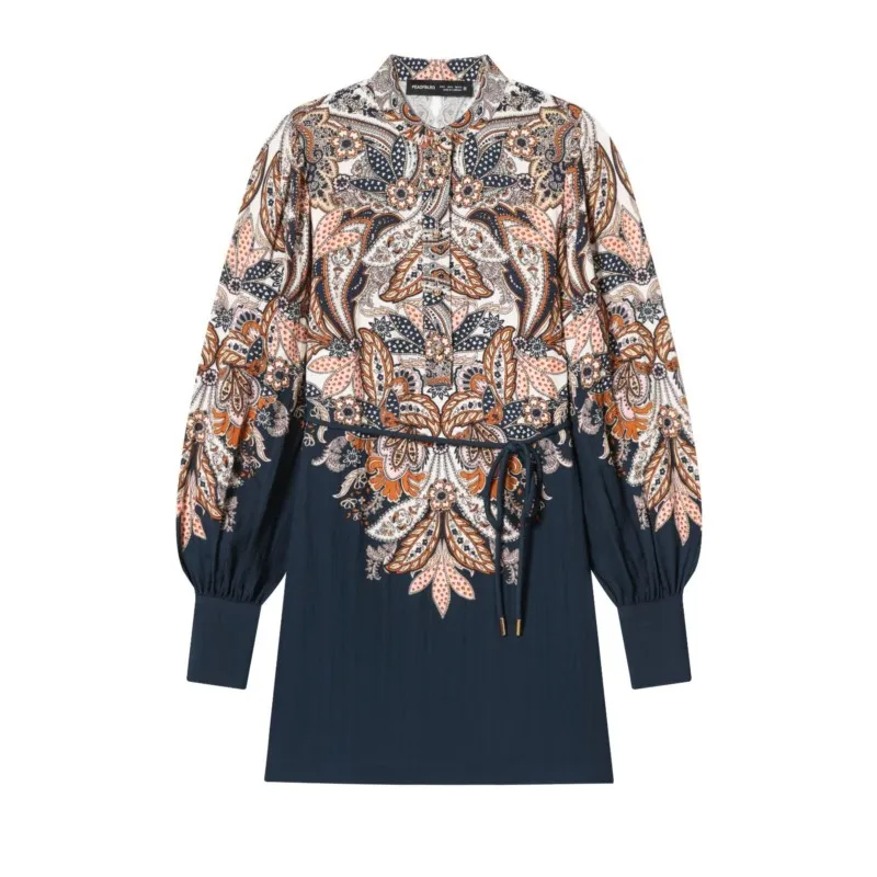 เดรสลายพิมพ์สำหรับผู้หญิง ฤดูใบไม้ผลิ/ฤดูร้อน ความยาวปานกลาง พร้อมเข็มขัด สไตล์ลำลอง คอทรงโอ แขนยาว วินเทจ ชิค สวยสง่า