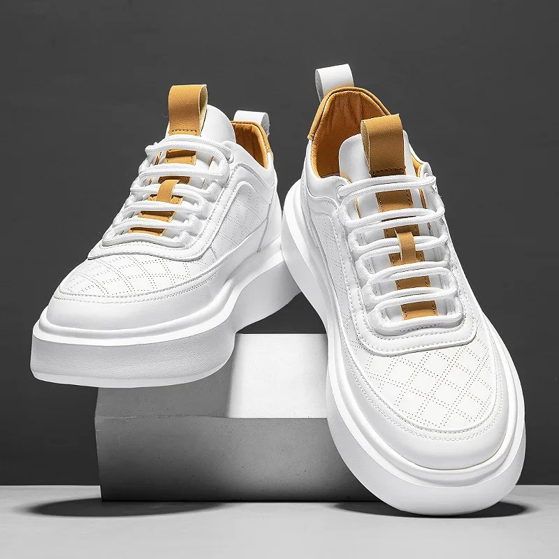 

Pútōu Men's Casual Sports Shoes Spring Genuine Leather Thick Bottom Heightening McQueen Trendy White Shoes Breathable Mesh Inner