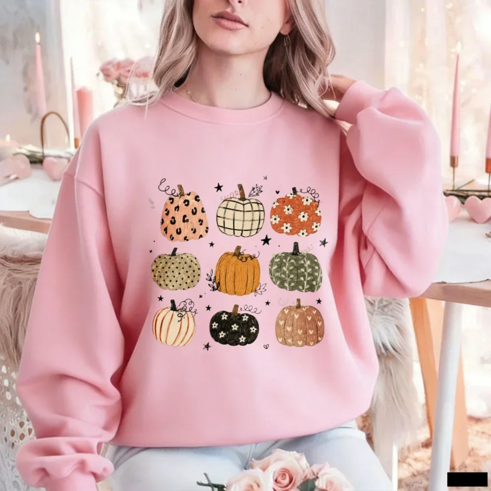 Fall Pumpkin Pattern Sweatshirt Colorful Stars Floral Leopard Print Plaid Polka Dots Hearts Black Stars Pink Crewneck Pulloover
