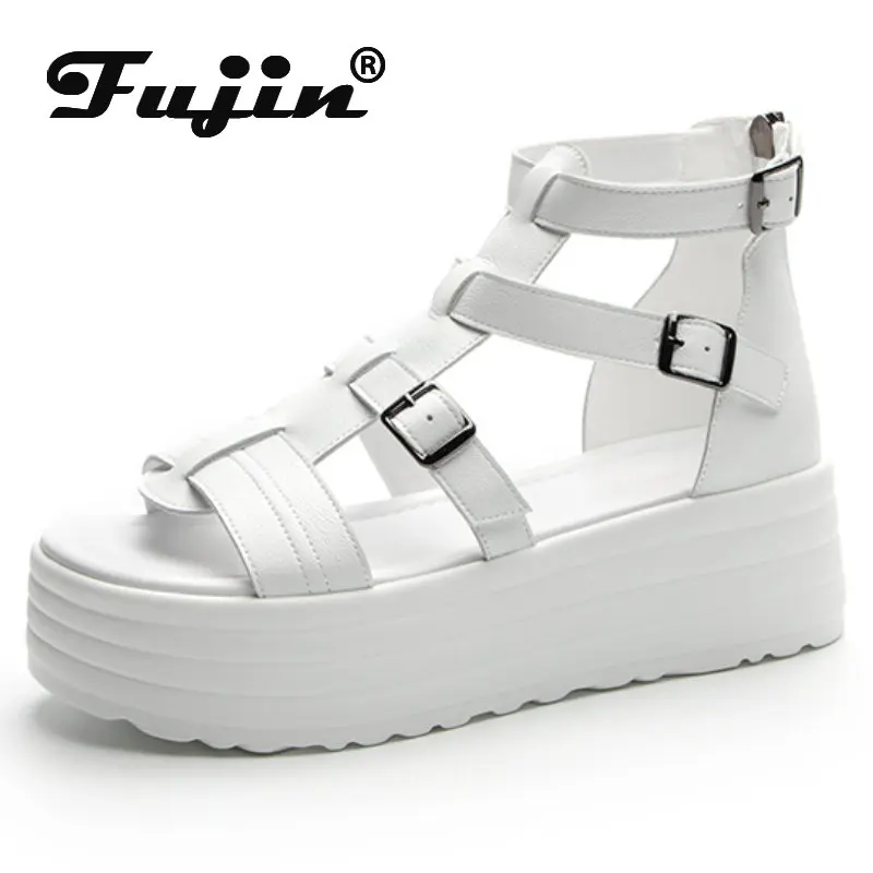 Fujin 6cm ROME Genuine Leather Women Slippers Summer Ladies Sandals Fashion Chunky Sneakers Platform Wedge Zipper Comfy Shoes