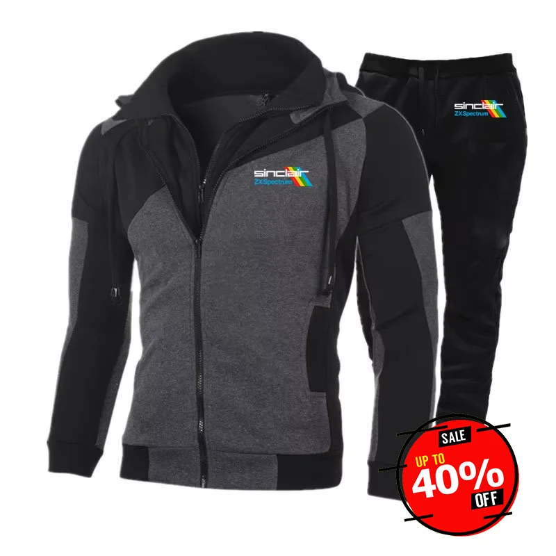 2025 Spring Autumn Sinclair Zx Spectrum Print Popular Splicing Hoodies+Solid Color Sweatpants Suit Men's Casual Sports Slim Sets