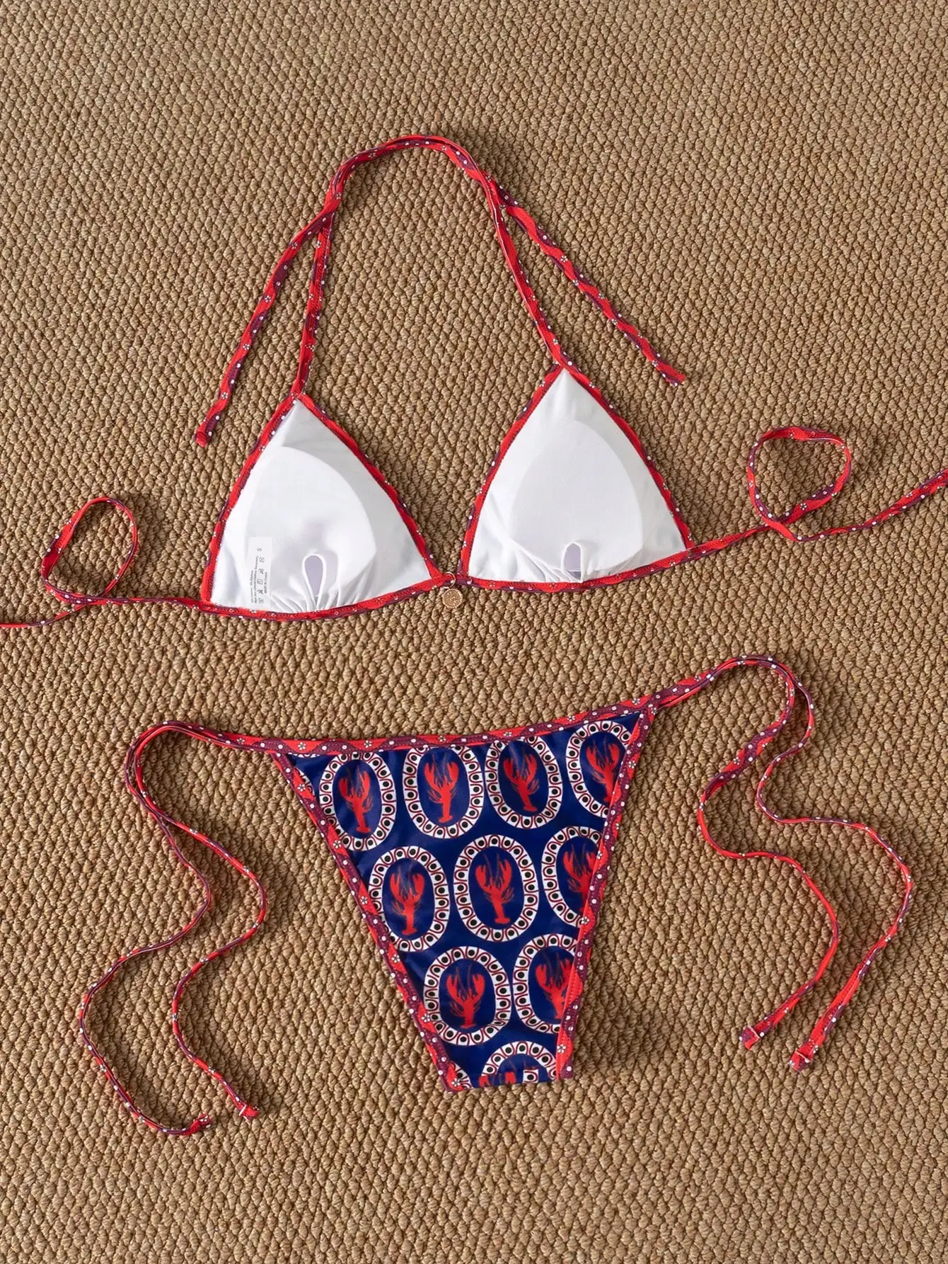 

Red Blue Lobster Print Tie-Up Bikini Set Women Beach Vacation Swimsuit