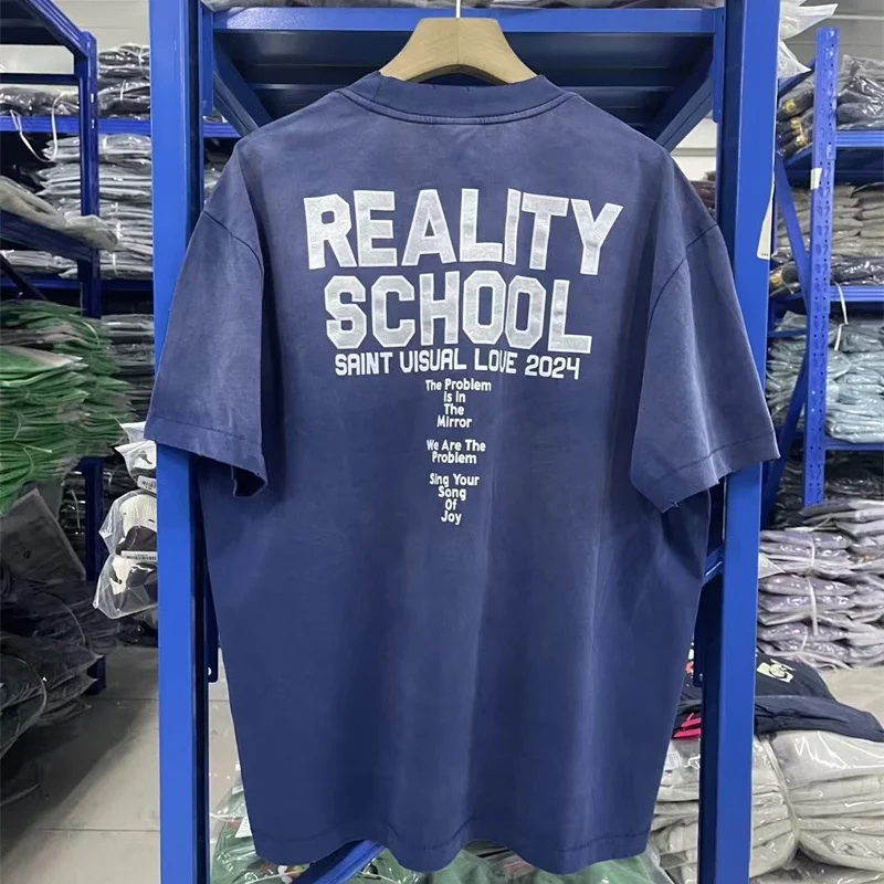 

26SS High Street Vintage Washed Blue Saint Distressed T-Shirt Letter Print Men Women Oversized Cotton Premium Quality Tops