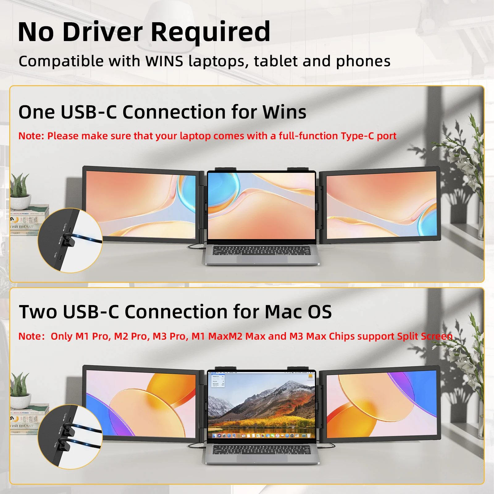Amoudo 14 Inch 1920*1080P Dual Laptop Monitor IPS Portable Triple Monitor with USB-C Port for 14-16.5