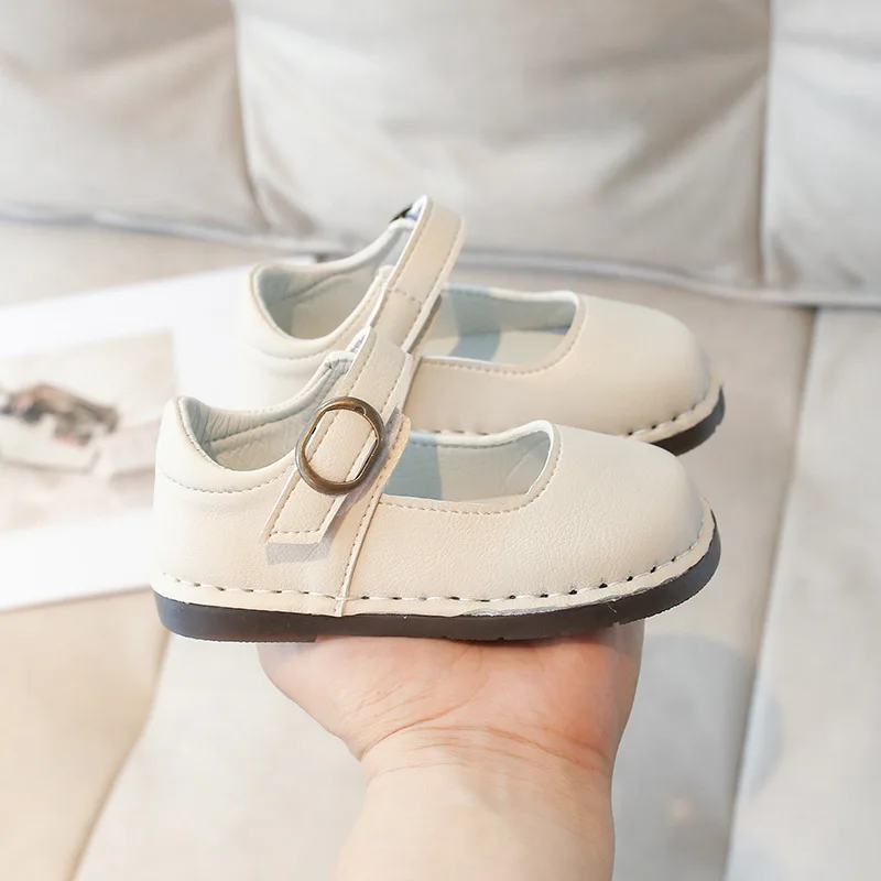 

Autumn Children Korean Version Soft Soled Shoes Kids Solid Color Simple Leather Shoes Girls Princess Velcro Square Toe Shoes