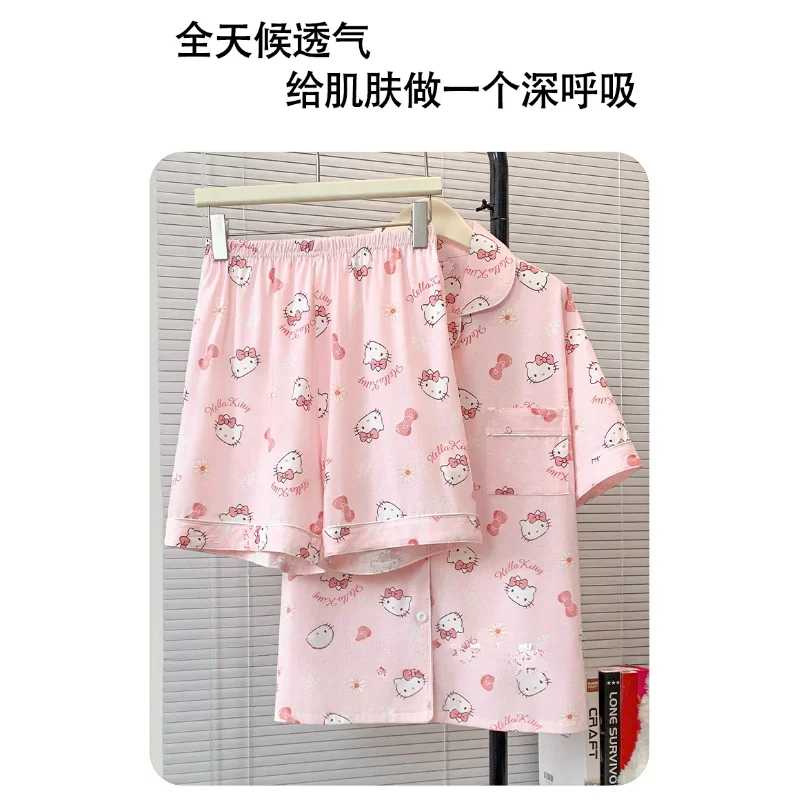 Sanrio-Pijama de seda de Hello Kitty para mujer, ropa de dormir de dibujos animados, informal, cómoda, fresca, transpirable, ligera, para el hogar