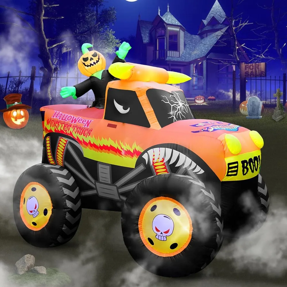 

8FT Halloween Inflatable Pumpkin Monster Truck, Halloween Blow Up Car Yard Decorations Built-in 8 LED for Halloween Inflatable