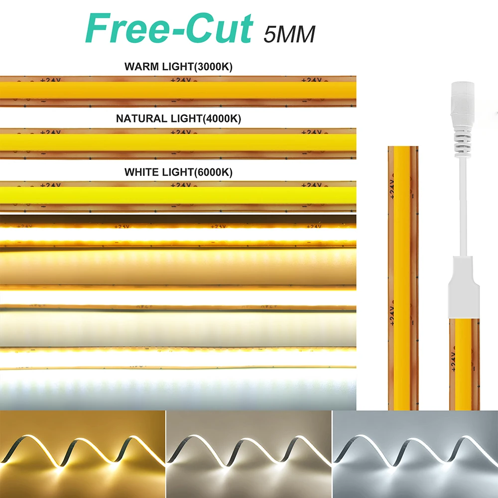 COB LED Strip Light 400LEDs 5mm 24V High Density RA90 Free Cut Adahesive Tape Light Flexible 3000K 4000K 6000K With 2PIN DC Plug