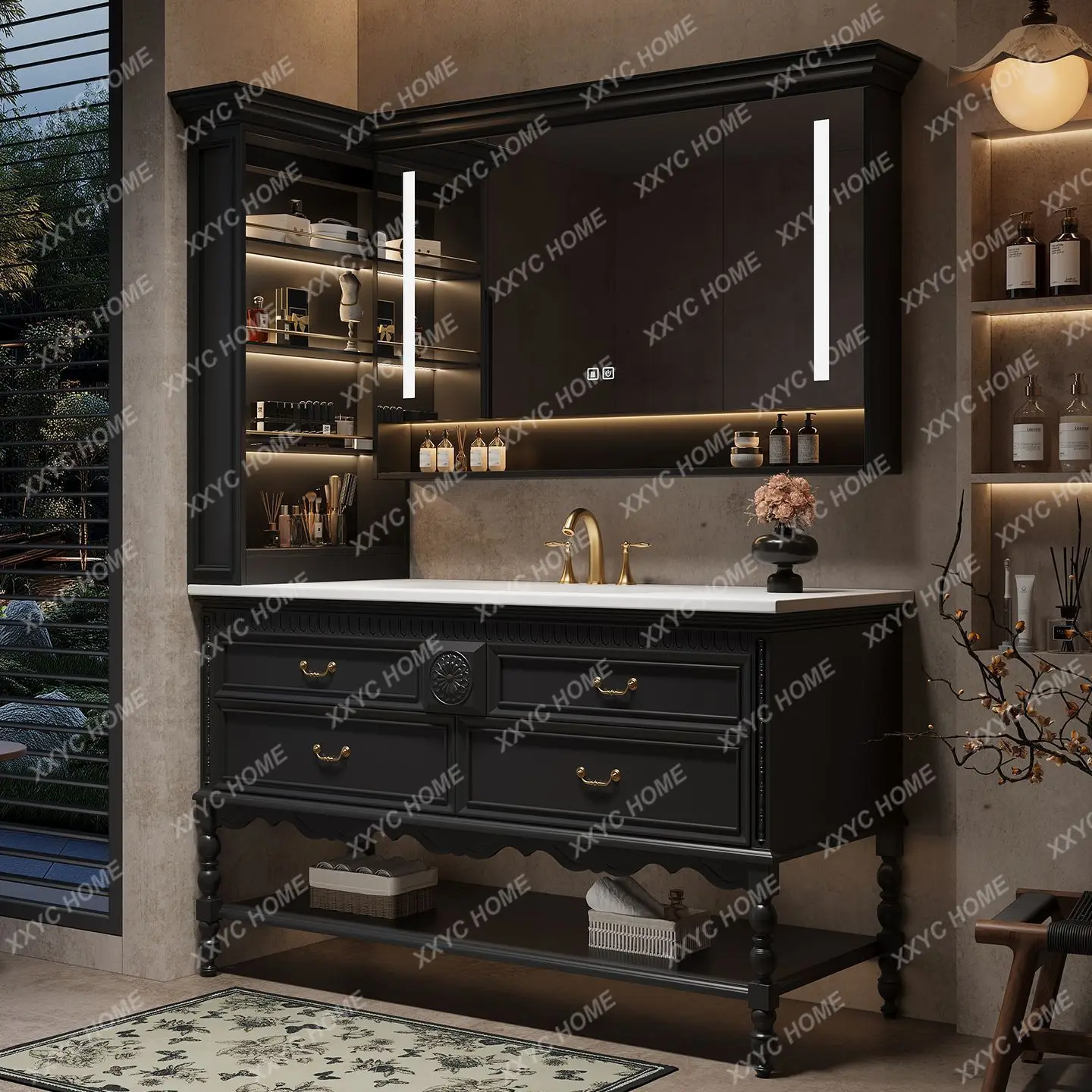 

Lretro bathroom cabinet combination bathroom rock slab seamless integrated basin washstand