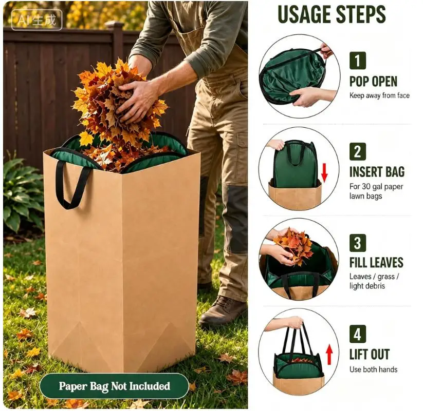 Reusable Leaf Bag Funnel For 30 Gallon Paper Lawn Bags, Flat-Fold 2-in-1 Dustpan With Reinforced Handles For Easy Yard Cleanup