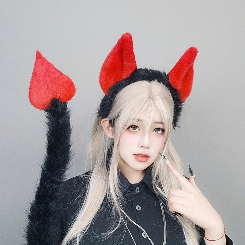 

Lolita Dark Devil Ear Headband Tail Set Cosplay Props Girl Plush Headpiece Tail Devil Gift Party Christmas Halloween Props