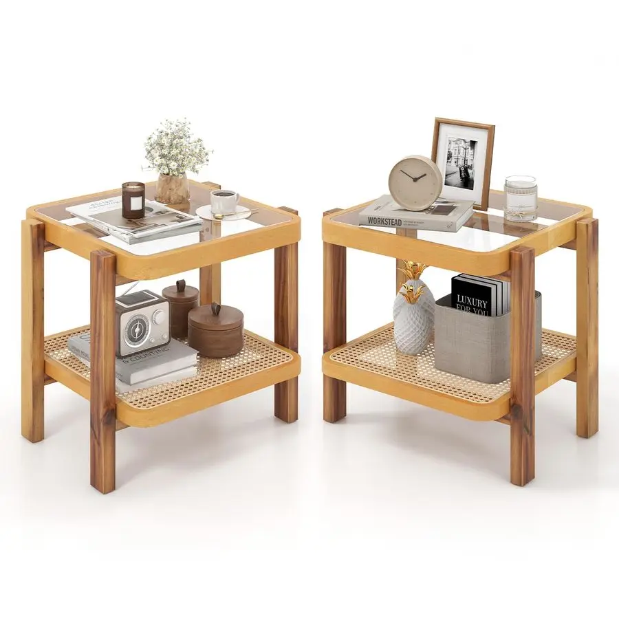 

Rattan End Table Set of 2, Boho Nightstand with Tempered Glass Top, Rattan Storage Shelf, Solid Wood Legs, Sofa Side Accent Tabl