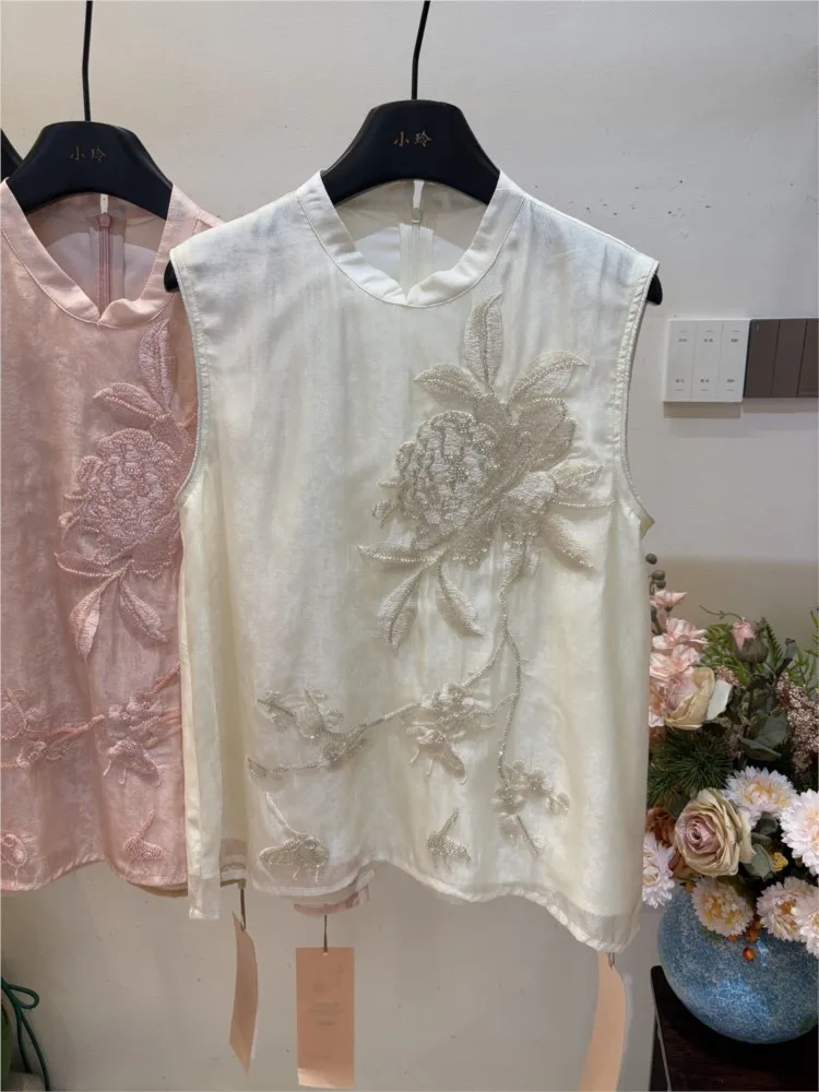 New Chinese-style heavy-duty beaded embroidery vest shirt for women, a youthful top