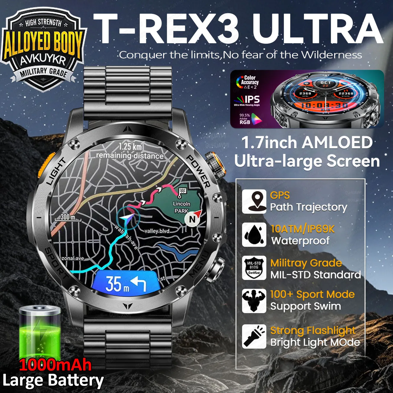 

2026 New T-REX3 Military GPS Sports Smart Watch Men 1000mAh Ultra-large Battery 10ATM Waterproof Flashlight BT call Smartwatches