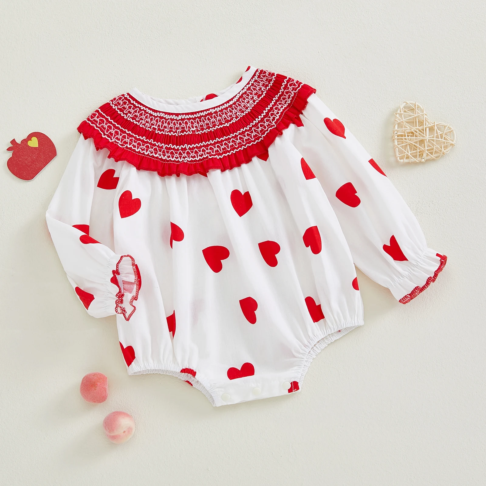 BeQeuewll Sweet Baby Girls Romper Spring Long Sleeve Newborn Clothes for Valentine's Day Princess Heart Print Infant Bodysuits