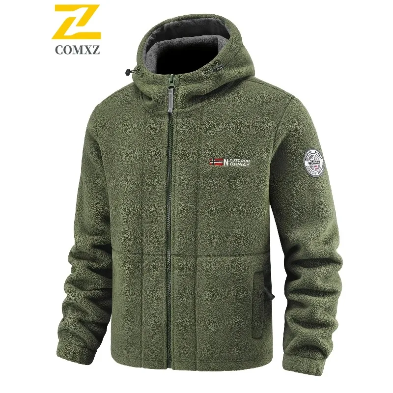 

Luxury Men Fleece Jacket CasualHooded Outdoor Sports Windproof Zipper Jackets Solid Color Travel Lightweight Winter Windbreaker