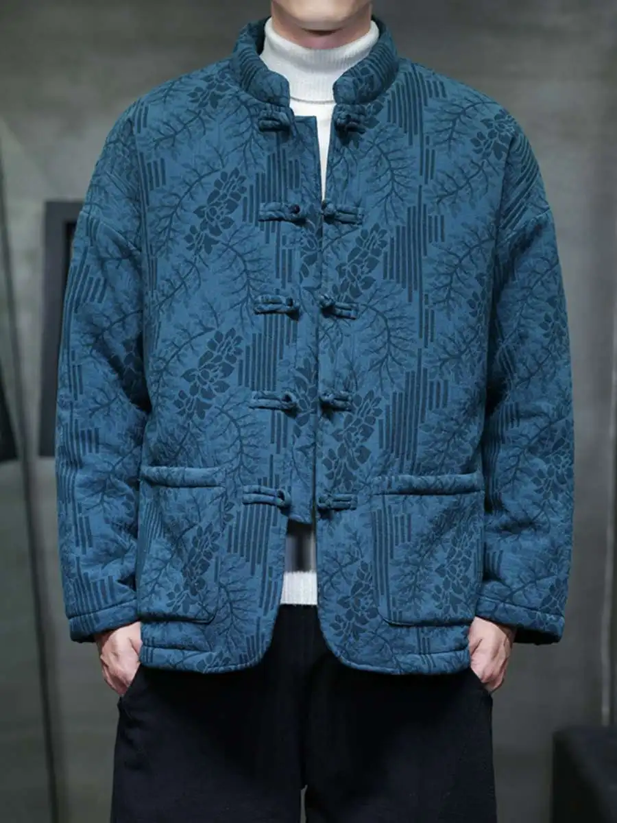 

New Retro Embroidered Thickened Warm Cotton Jacket Men's Winter Outerwear Large Size Casual Ethnic Chinese Style Polyester