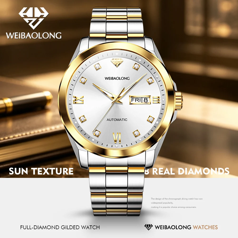 WEIBAOLONG 3718 Imported Movement Luxury Automatic Mechanical Watch 50M Waterproof Watches for Man Gifts 24K Gold Real Diamonds