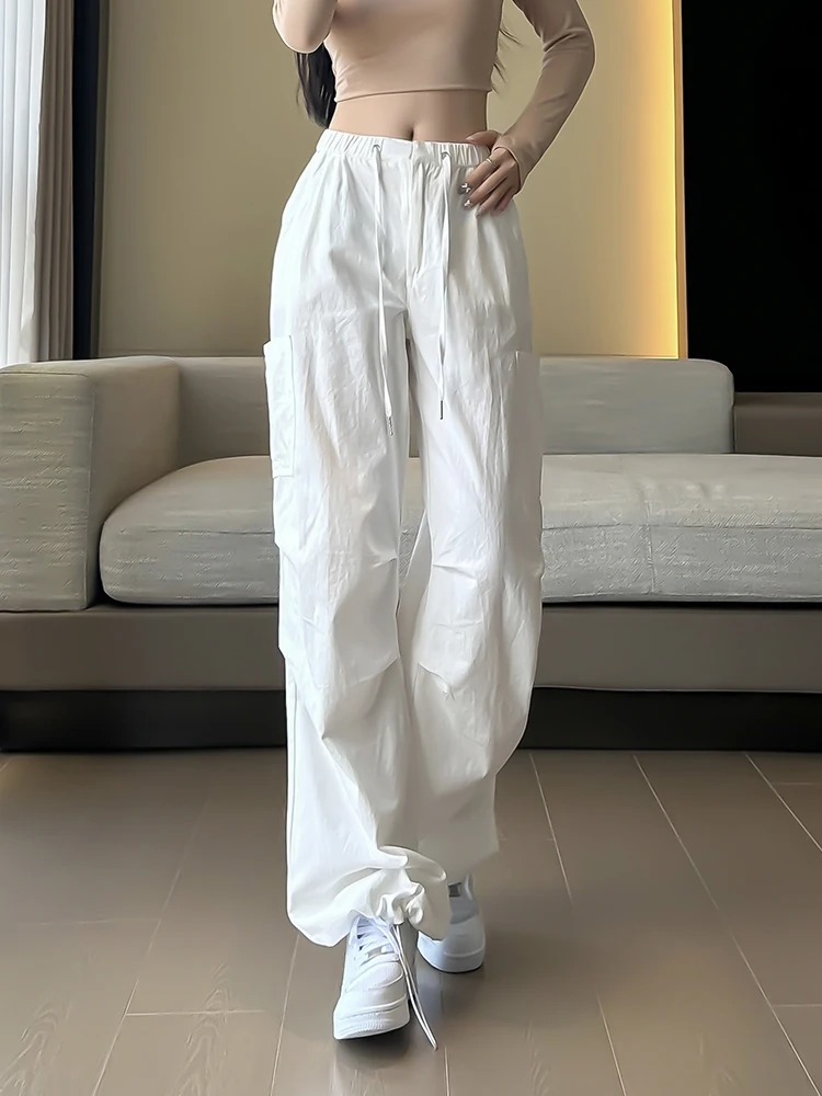 

QOERLIN White Washed Pure Cotton Sweatpants Women Elastic Waist Wide Leg Casual Baggy Pants with Pocket Trousers Cargo Pants