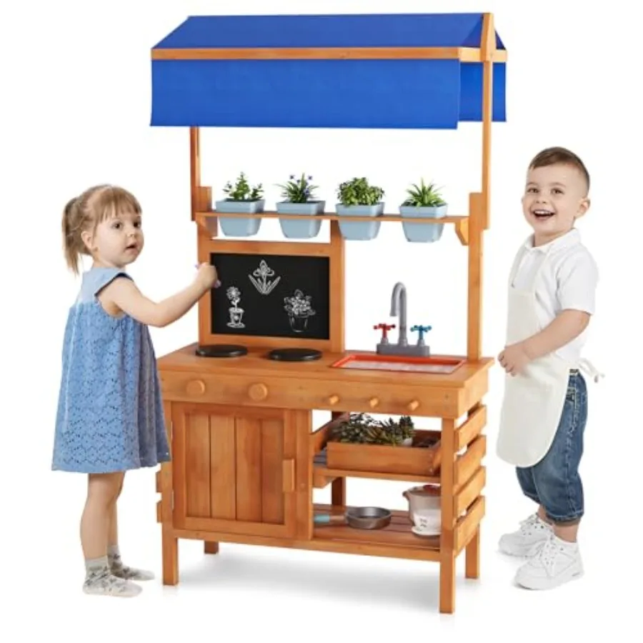Mud Kitchen with Canopy, Fir Wood Outdoor Play Kitchen for Toddlers, 4 Planting Cups Box, Sink, Blackboard, Mud Table for Outdo