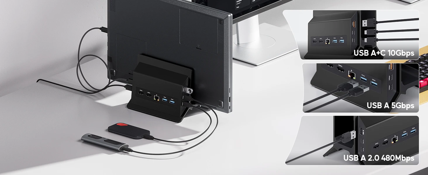 PULWTOP USB-C-Dockingstation für zwei Monitore, mit 2 HDMI 4K, USB C 10Gbps, USB A 5Gbps, USB A 2.0, Ethernet, für Laptops mit Typ-C-Anschluss – Detail 5