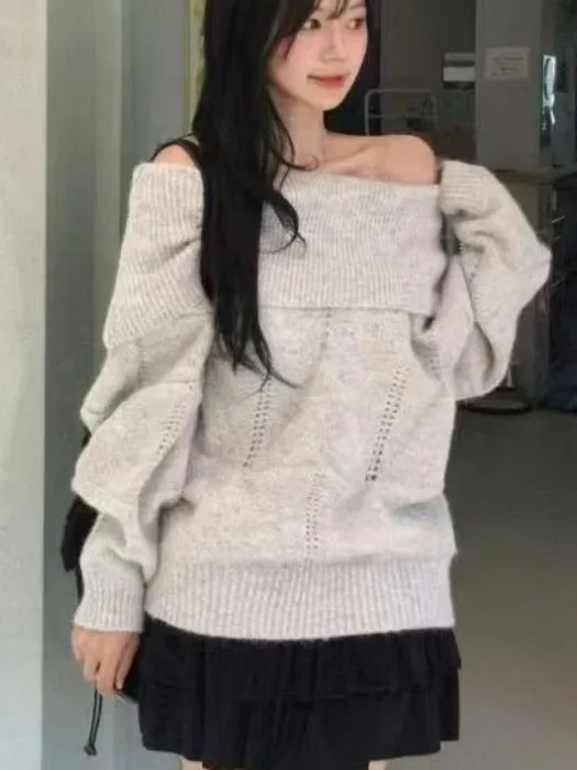 Suéter coreano Sle Lazy One oulder ahuecado largo de punto para mujer Otoño Invierno nuevo suéter de corazón de advertencia de deseo puro