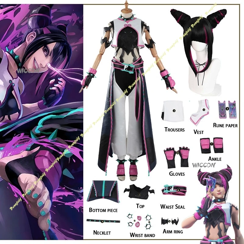 Street Fighter 6 disfraces de Cosplay Han Juri traje peluca ropa púrpura Top pantalones guantes accesorios de juego Navidad Halloween