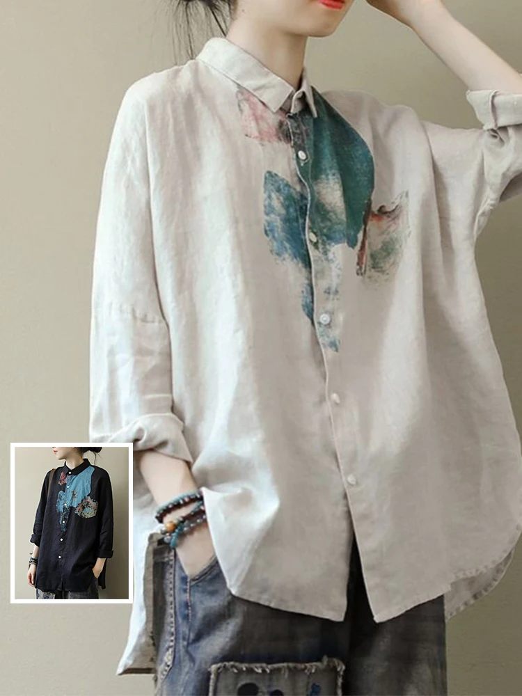 

Модная асимметричная женская блузка большого размера из хлопка и льна с принтом, с длинным рукавом и воротником, для ранней осени