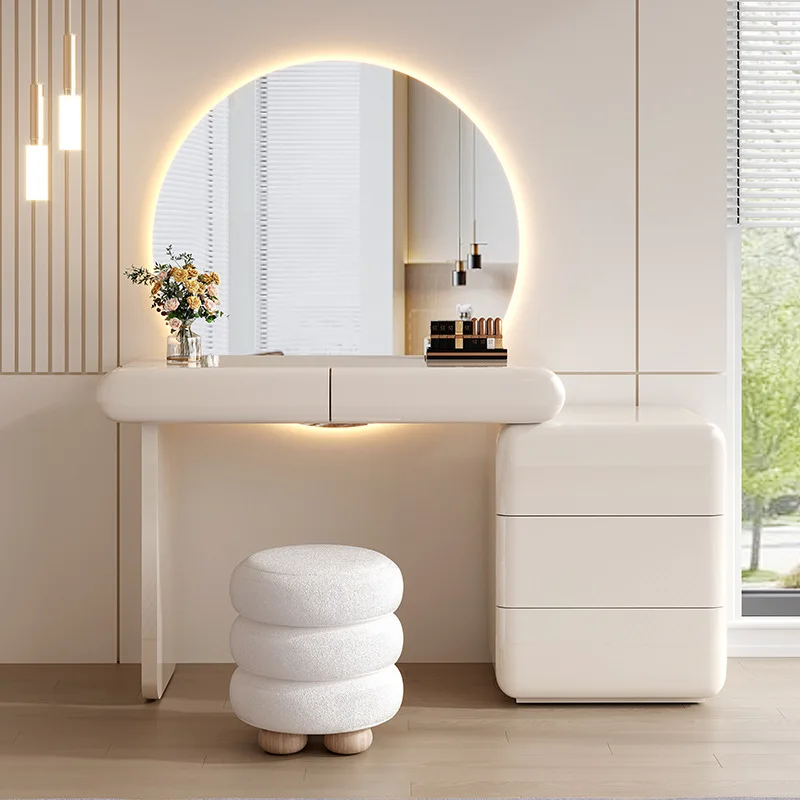 Modern Cream Light Luxury Solid Wood Minimalist Dressing Table Modern Style Bedroom Makeup Table With Bucket Cabinet