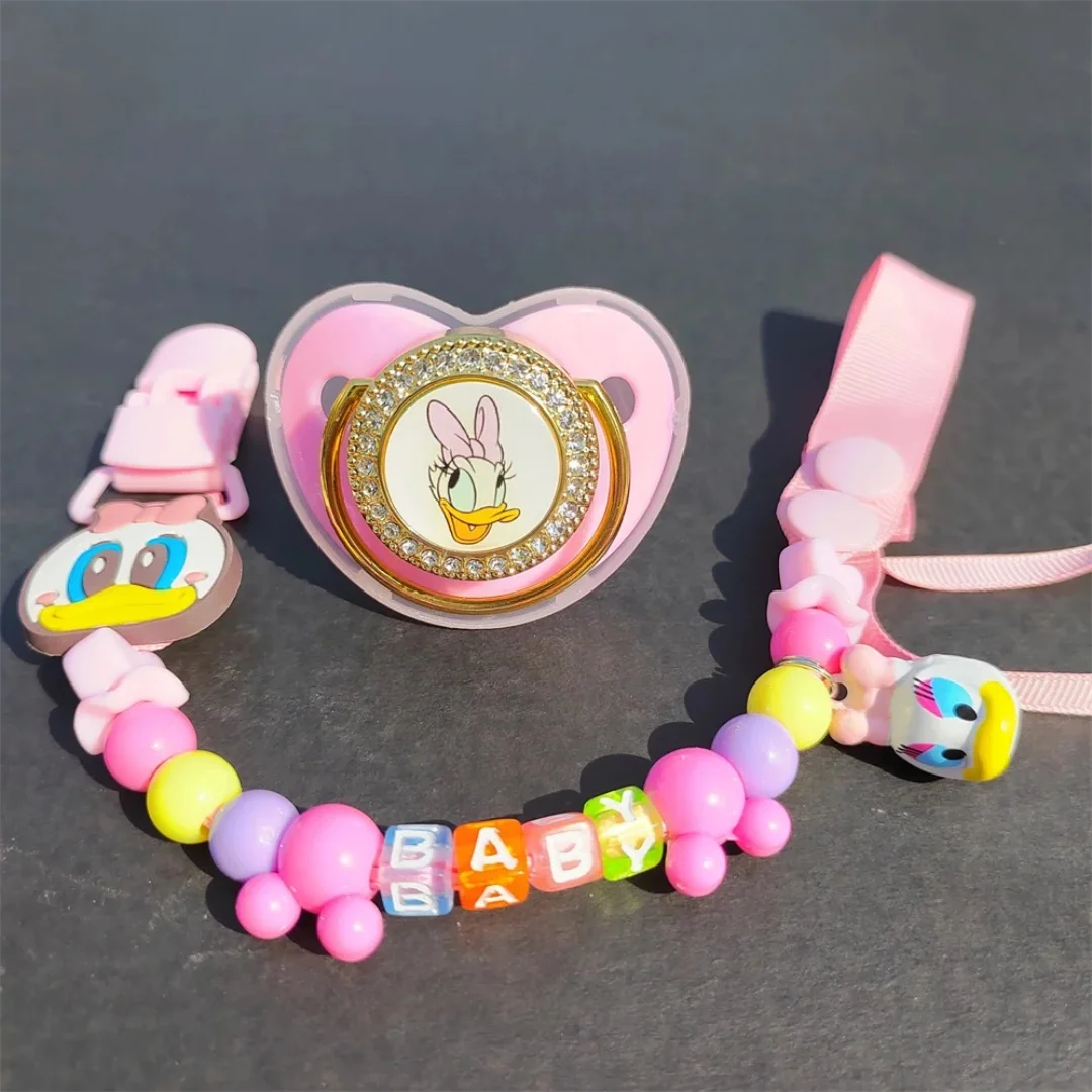 Disney Donald Duck Pink silicone beads Personalized pacifier clip with English name Bling Silicone BPA Free baby girl chupeter