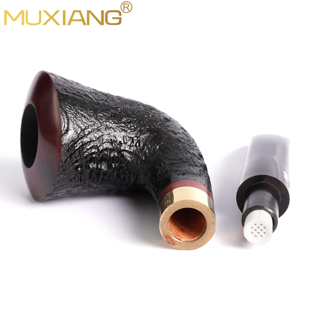 MUXIANG Briar tobacco pipe Sandblasted pipe Beginner 9mm pipe channel Curved handle pointed pipe mouth Father Christma gift pipe